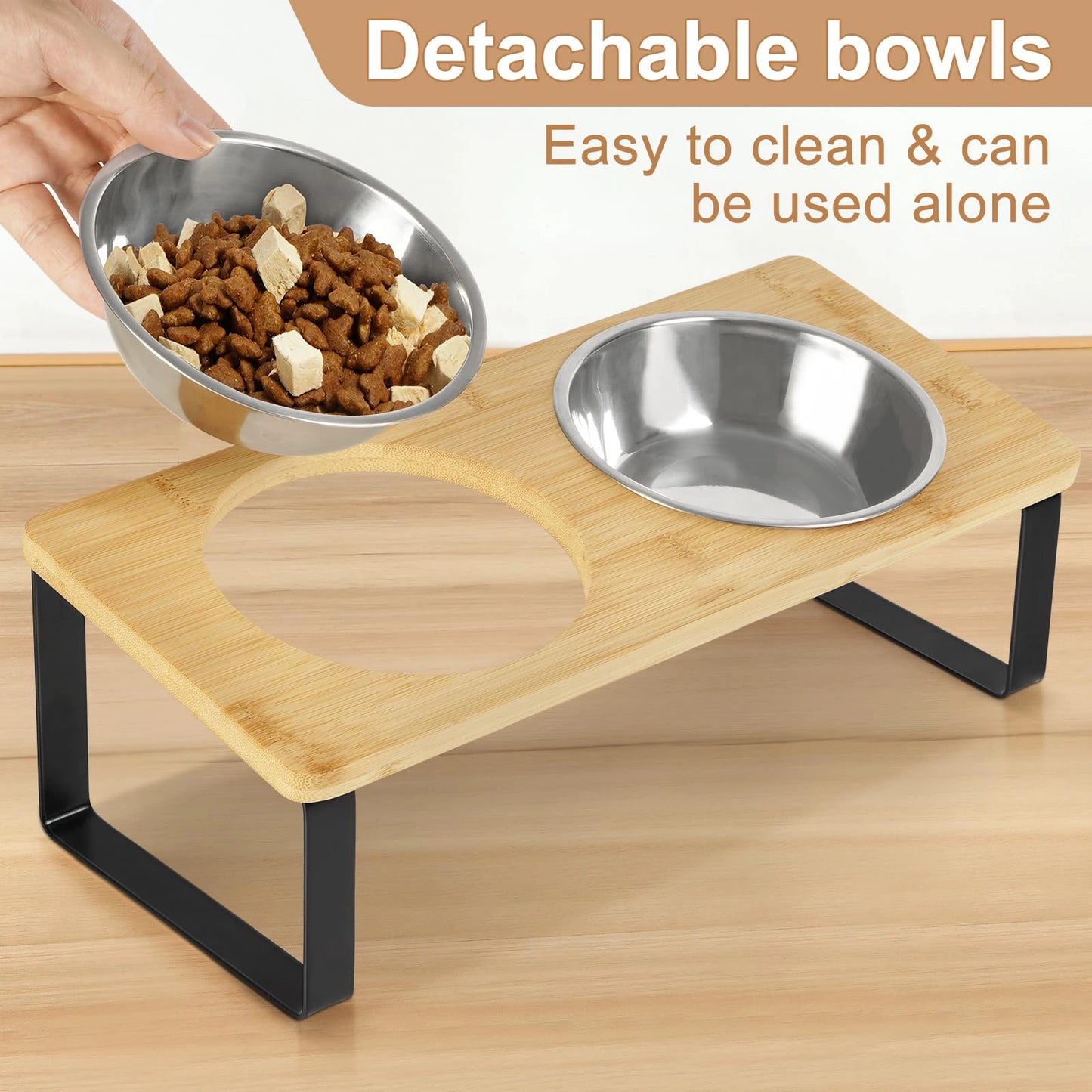 Elevated Pet Bowl Set – Stylish Wooden Stand with 2 Stainless Steel Bowls for Cats & Small Dogs