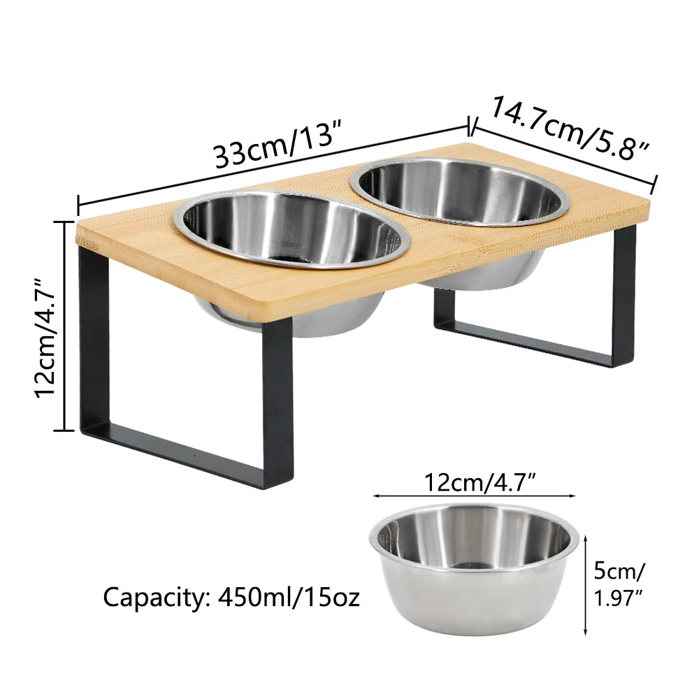 Elevated Pet Bowl Set – Stylish Wooden Stand with 2 Stainless Steel Bowls for Cats & Small Dogs