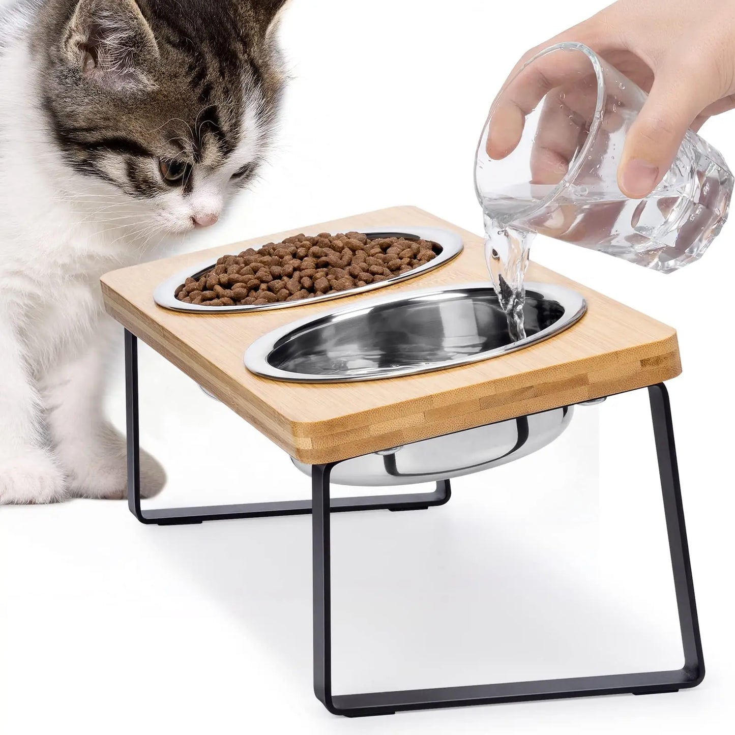 Elevated Pet Bowl Set – Stylish Wooden Stand with 2 Stainless Steel Bowls for Cats & Small Dogs