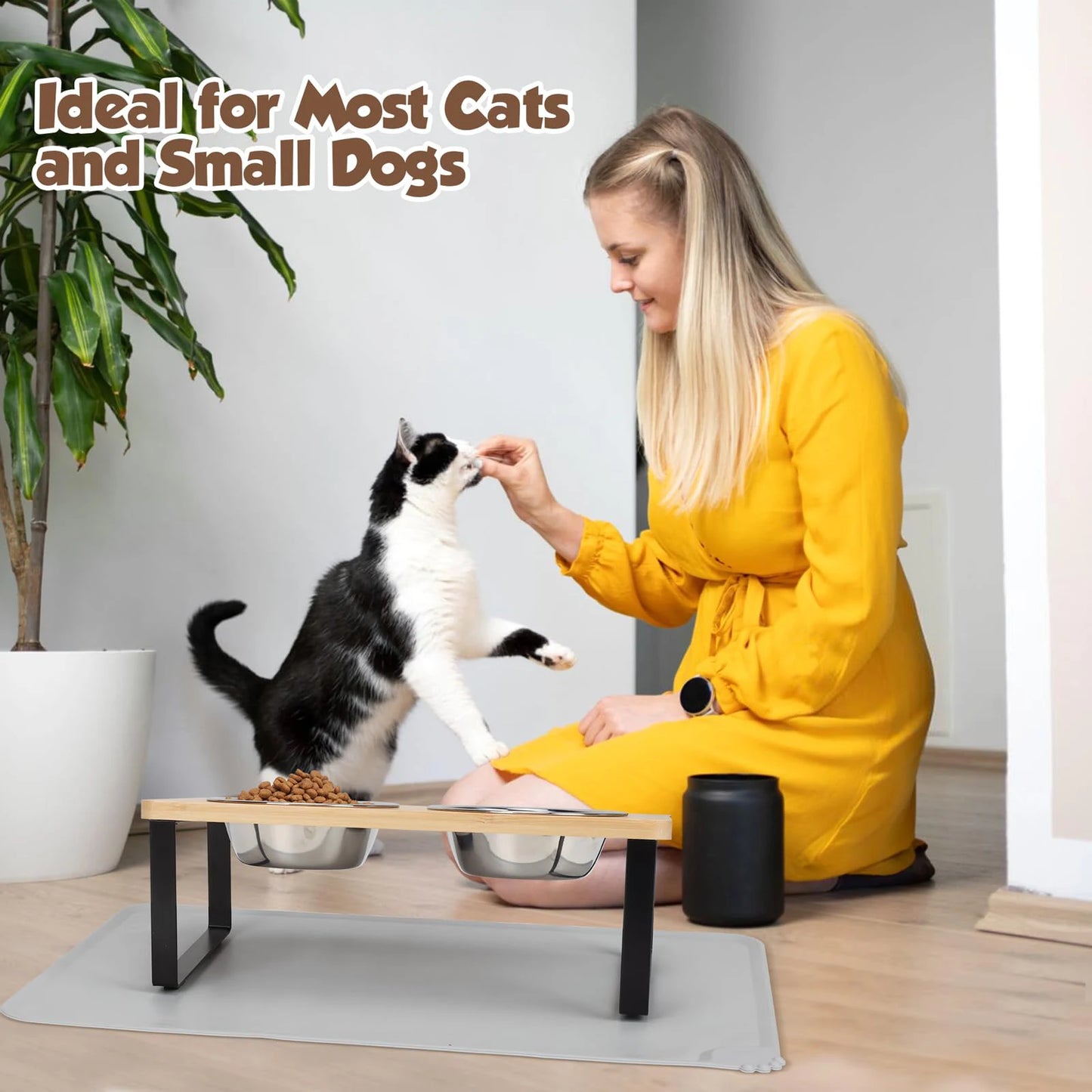 Elevated Pet Bowl Set – Stylish Wooden Stand with 2 Stainless Steel Bowls for Cats & Small Dogs