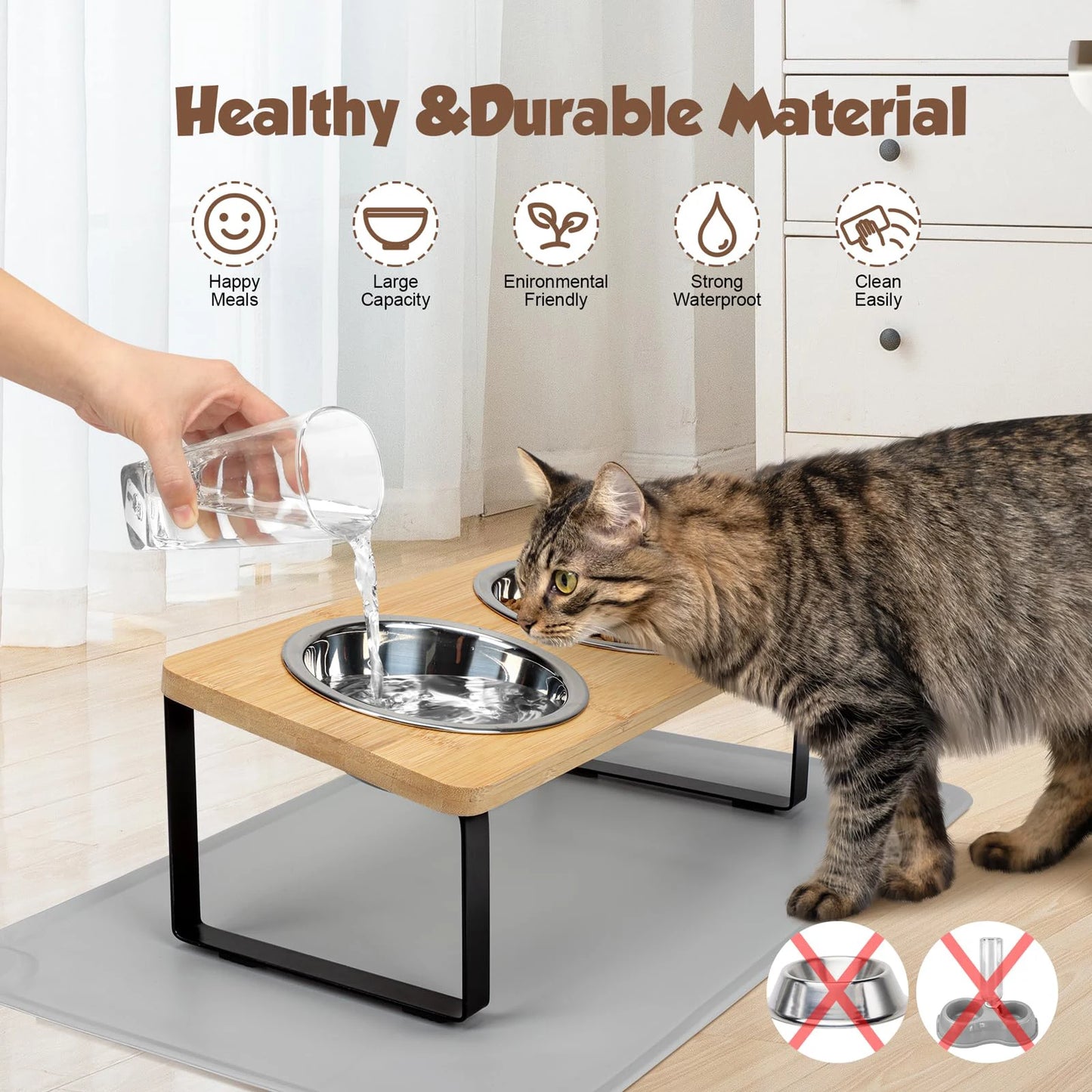 Elevated Pet Bowl Set – Stylish Wooden Stand with 2 Stainless Steel Bowls for Cats & Small Dogs