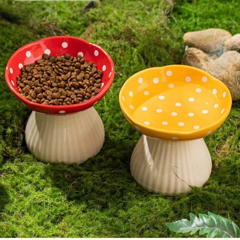 Mushroom Cat Feeding Bowl – Elevated Resin Pet Bowl for Food & Water, Neck Protection Design, Cute Home Décor