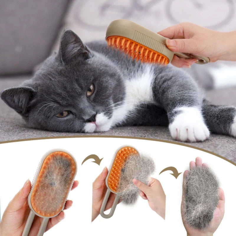 Cat being groomed with a brush, showing collected fur, on a gray couch.