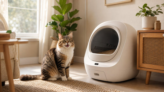 Cat beside a clean self-cleaning litter box in a modern apartment