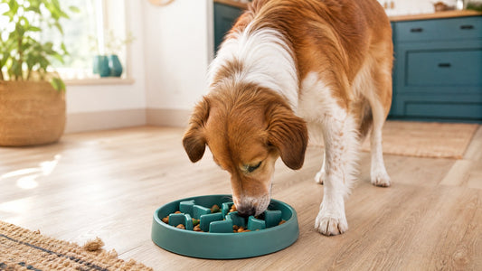 Dog calmly eating from a slow feeder bowl in a bright kitchen
