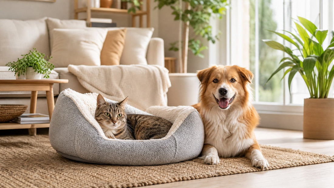 Dog and cat relaxing near a clean washable pet bed in a cozy home