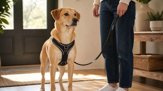 Dog wearing a front-clip harness before a relaxed walk