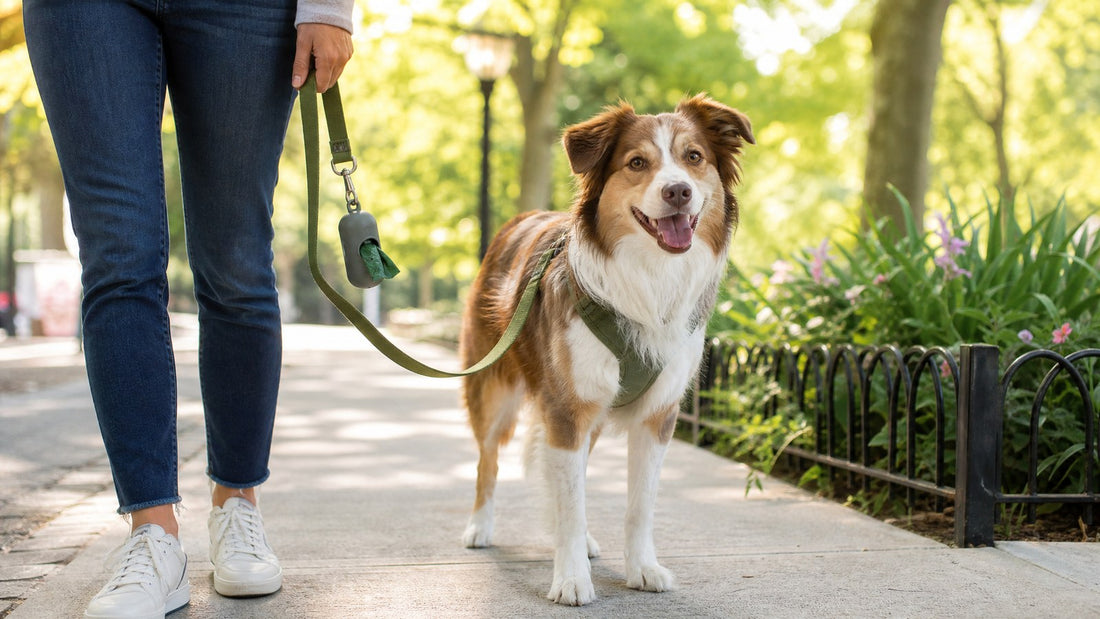 Dog walking safely on a clean sidewalk with a Furvix-style leash setup