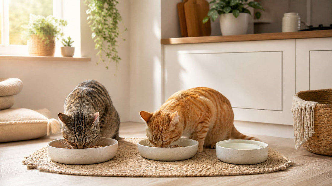 Two cats eating from wide ceramic bowls in a clean home feeding station