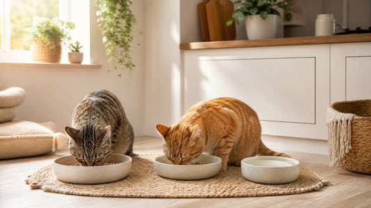 Two cats eating from wide ceramic bowls in a clean home feeding station
