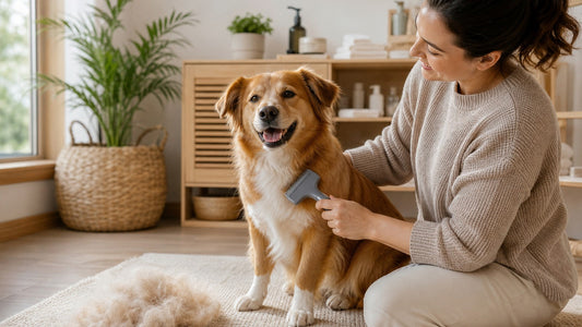 Dog being calmly groomed with a deshedding brush in a bright home