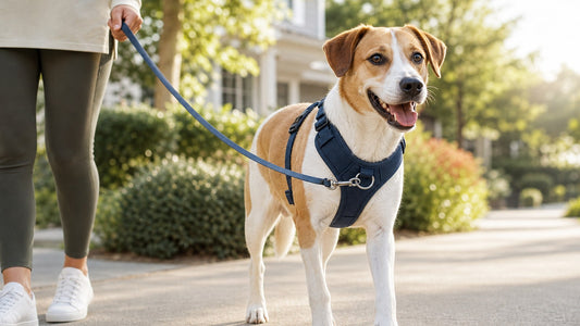Dog walking calmly in a front clip harness on a relaxed neighborhood walk