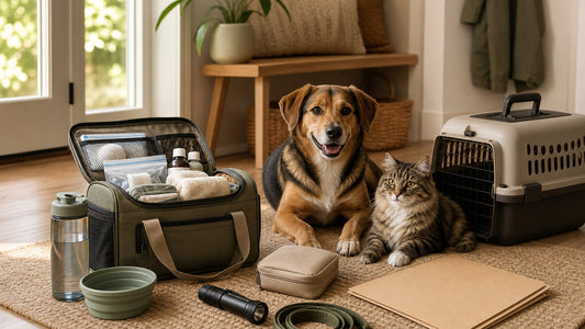 Realistic dog and cat beside a packed pet emergency go-bag, carrier, documents, water and first aid supplies