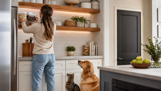 Dog and cat in a kitchen while a pet parent stores risky human foods safely out of reach