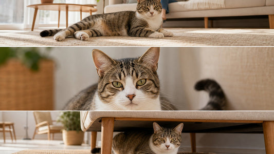 Relaxed cat in a bright living room showing calm cat body language