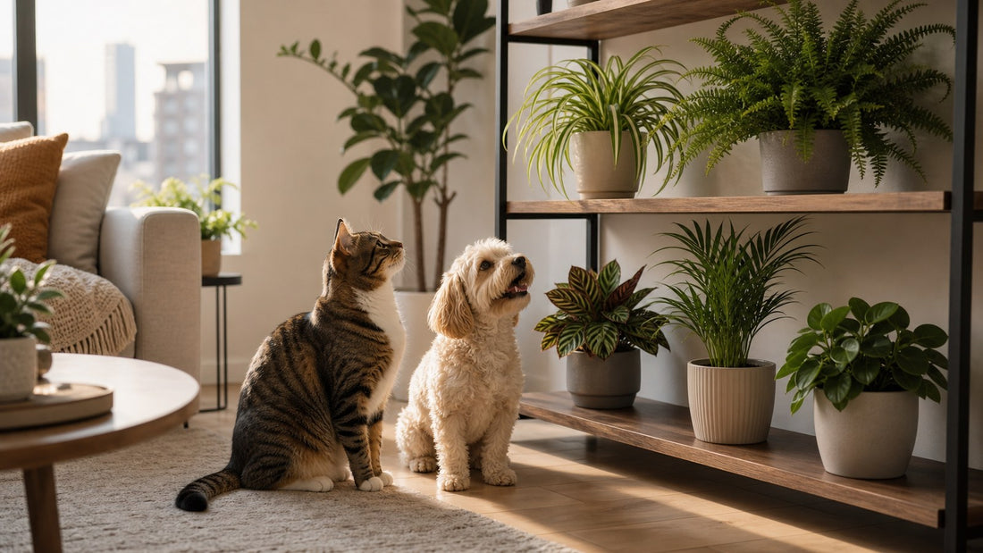 Cat and dog in a bright home with pet-safe houseplants placed out of reach