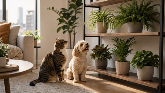 Cat and dog in a bright home with pet-safe houseplants placed out of reach