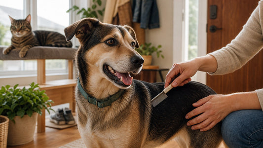 Indoor dog and cat parasite check in a bright home entryway