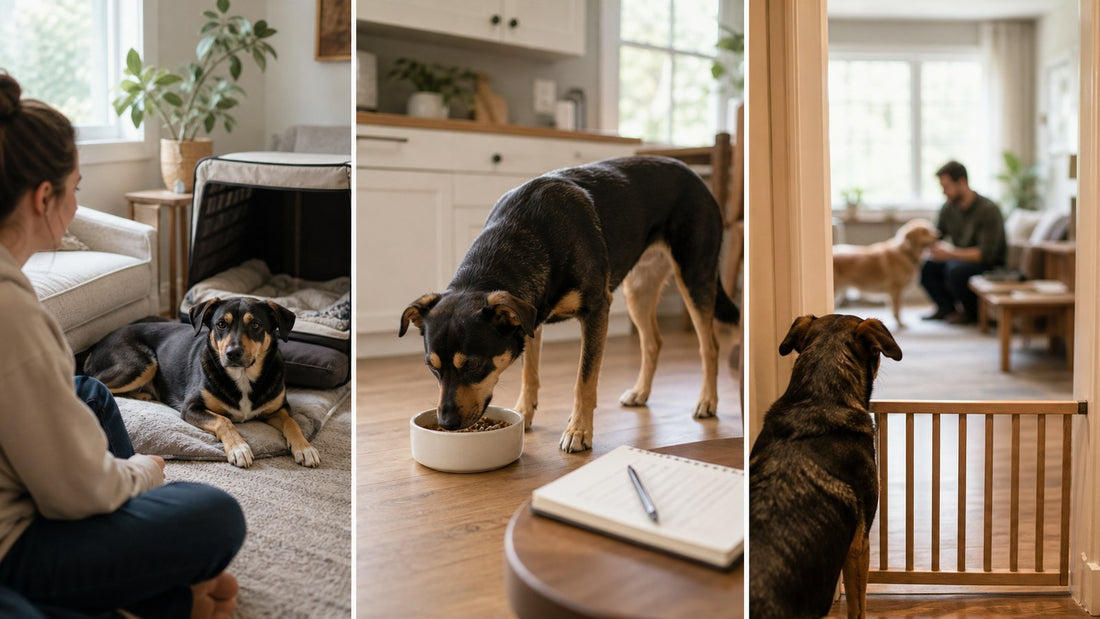 Dog near a food bowl at home while owners monitor routine and appetite