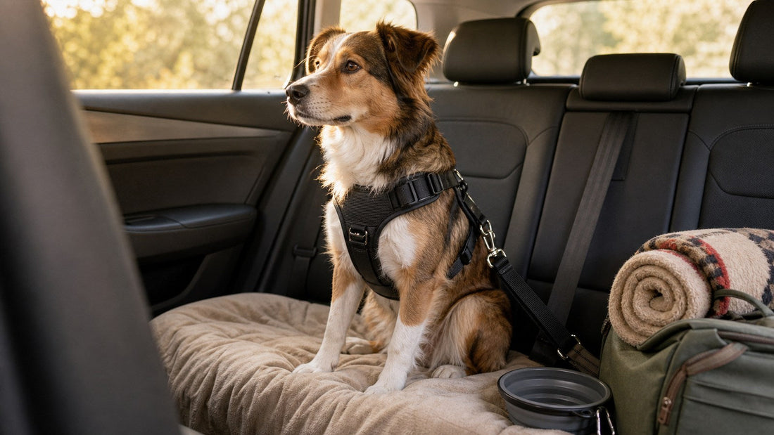 Dog safely secured in the back seat during a calm road trip with pets