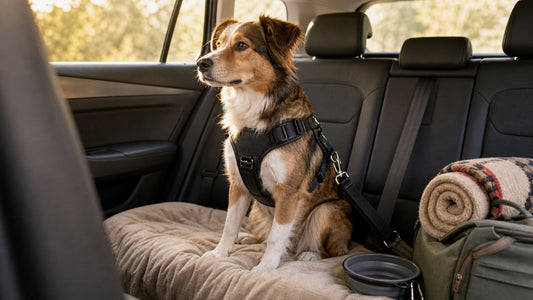 Dog safely secured in the back seat during a calm road trip with pets