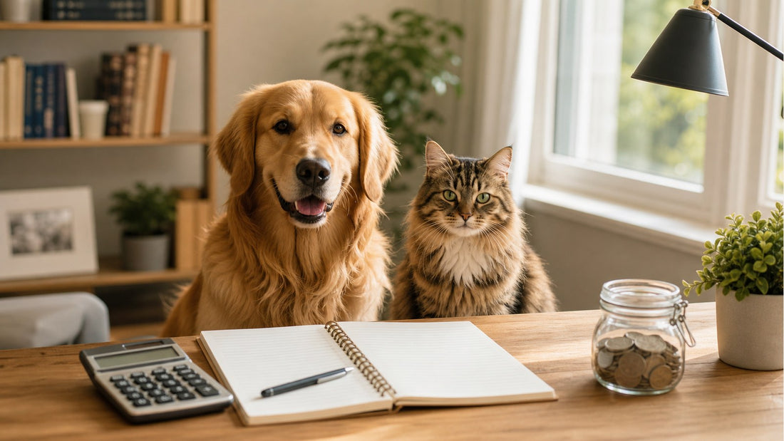Dog and cat beside simple household budgeting items for pet insurance and emergency savings planning