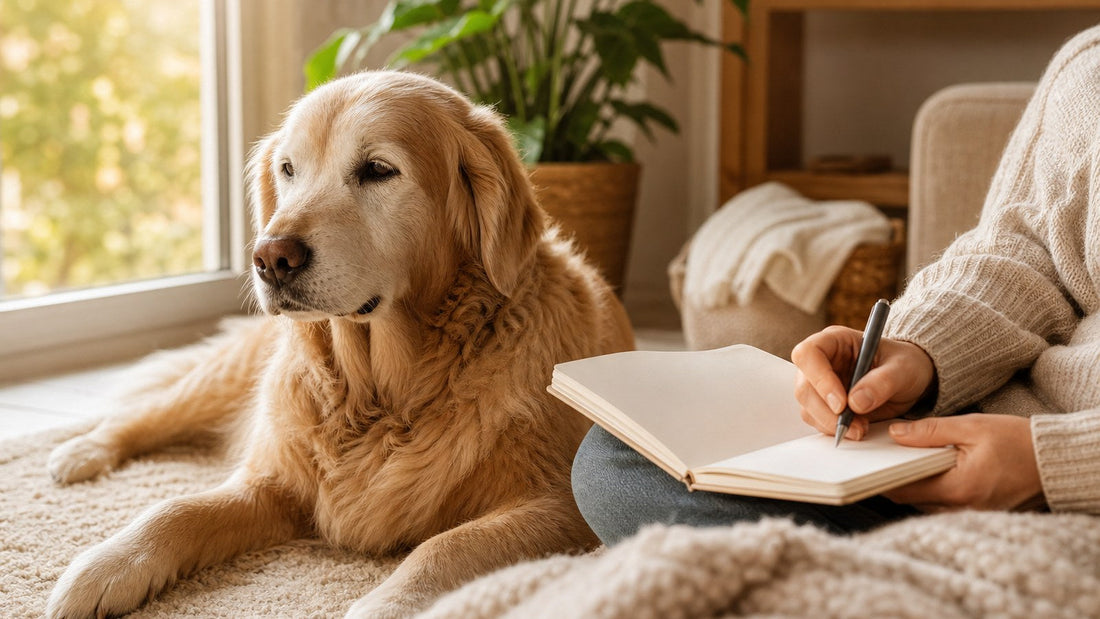 Senior dog resting comfortably while an owner tracks health changes
