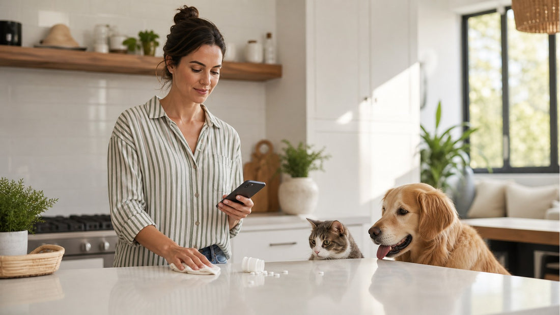 Pet parent calmly cleans a household spill while keeping a dog and cat safe nearby