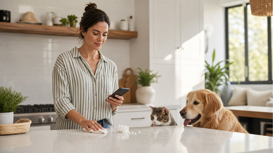 Pet parent calmly cleans a household spill while keeping a dog and cat safe nearby