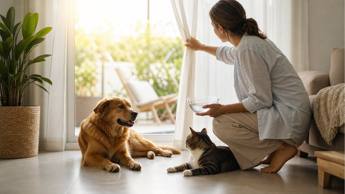 Dog and cat resting indoors while a pet parent keeps the room cool during hot weather