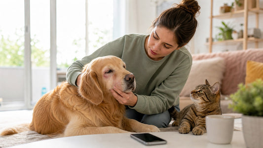 Pet parent calmly watching a dog and cat for allergic reaction warning signs at home
