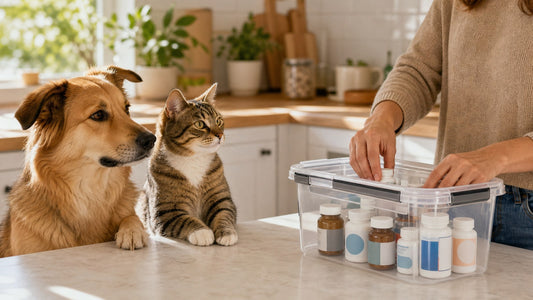 Dog and cat near safely stored pet medication while a pet parent organizes a home dosing routine