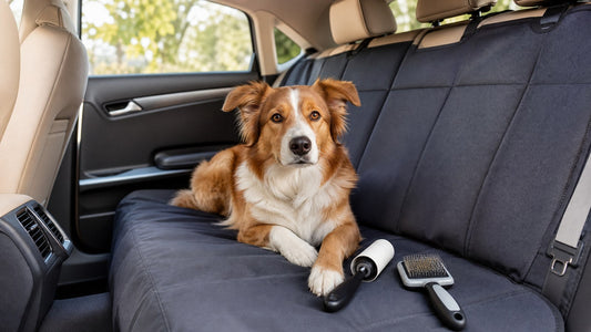 Dog on a clean car back seat with pet grooming tools for a pet hair cleanup routine
