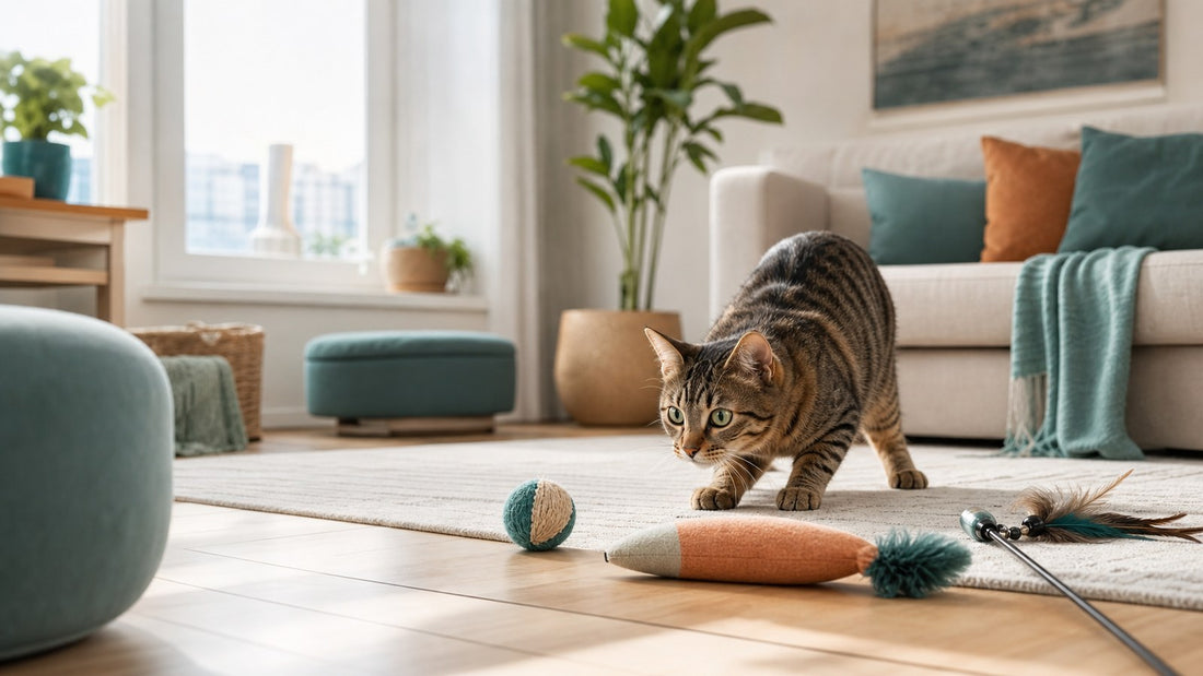 Indoor cat crouching beside toys for a cat toy types by play style guide