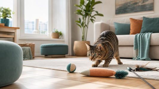 Indoor cat crouching beside toys for a cat toy types by play style guide