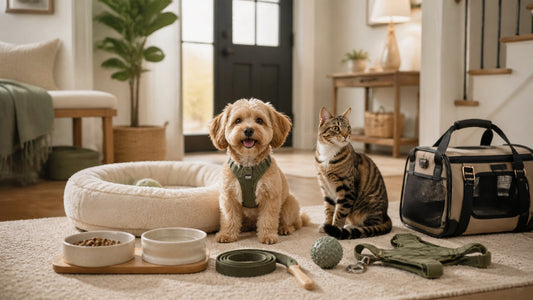 New pet shopping checklist setup with dog cat bowls harness toys and grooming supplies