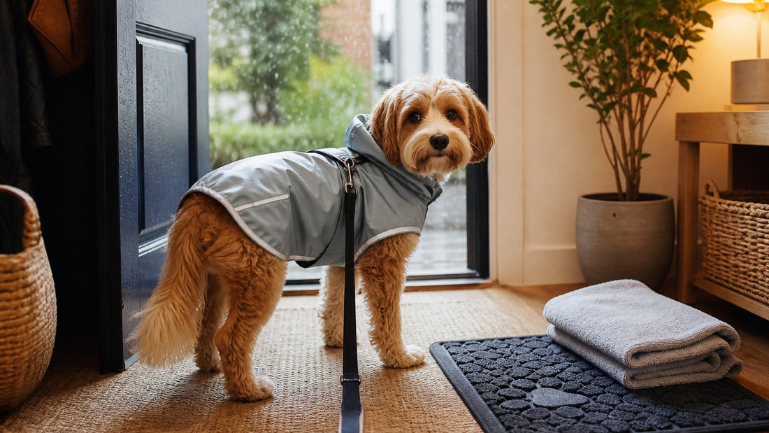 Dog in a reflective raincoat ready for a rainy day dog walk by an apartment doorway