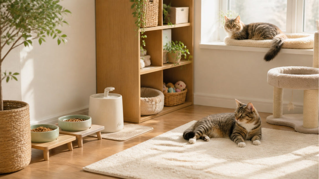 Two relaxed cats in a tidy multi-cat home setup with separate feeding, rest, and play zones