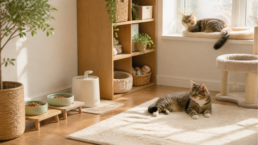 Two relaxed cats in a tidy multi-cat home setup with separate feeding, rest, and play zones