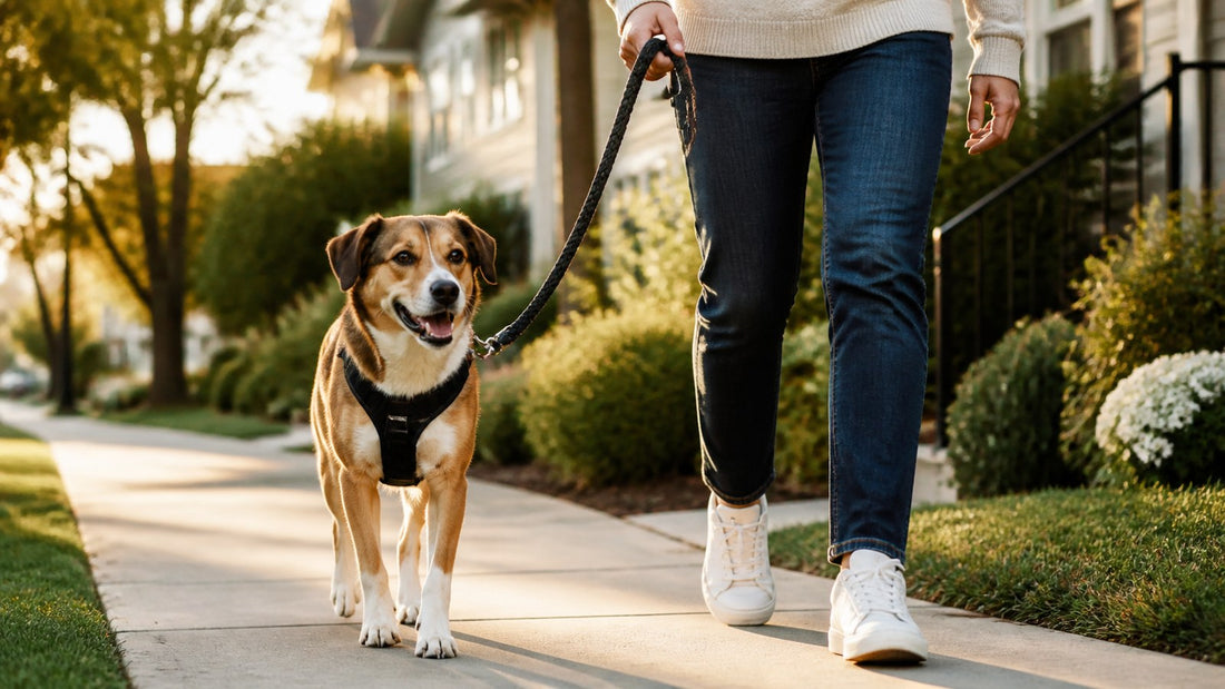 Dog walking calmly beside owner on a fixed length leash and comfortable harness