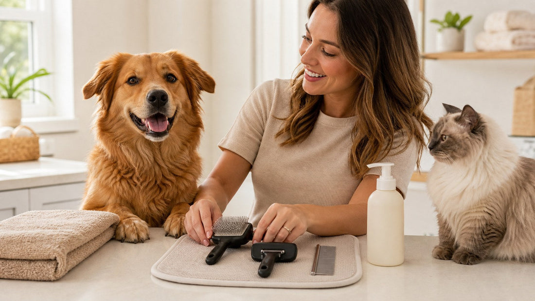 Dog and cat beside clean pet grooming tools on a bright home laundry counter