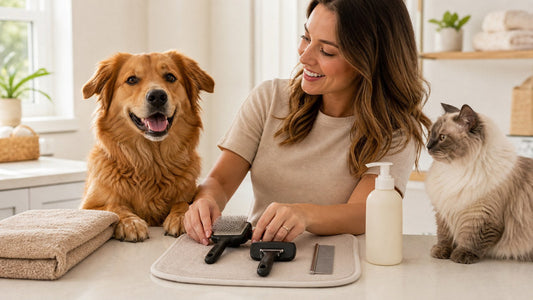 Dog and cat beside clean pet grooming tools on a bright home laundry counter