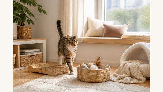 Cat exploring a tidy small apartment enrichment setup near a window perch