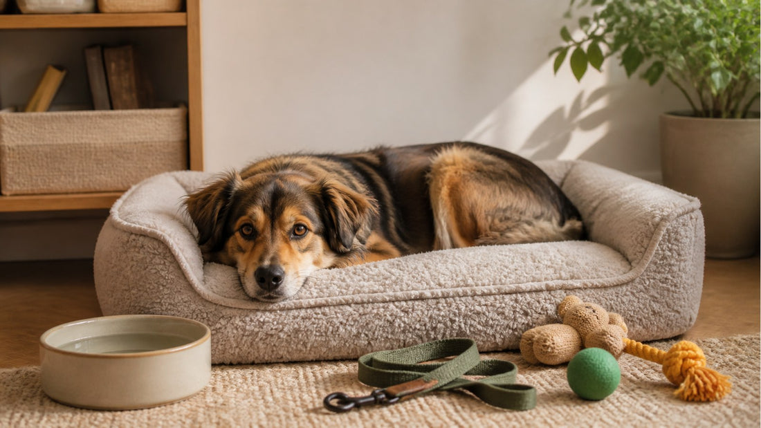 Newly adopted dog resting in a calm first-week rescue pet setup
