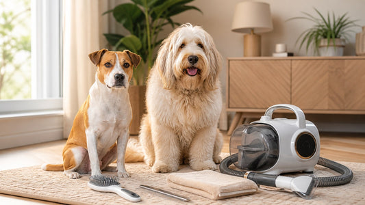 Dog grooming routine by coat type with home brushing tools and calm pet care setup