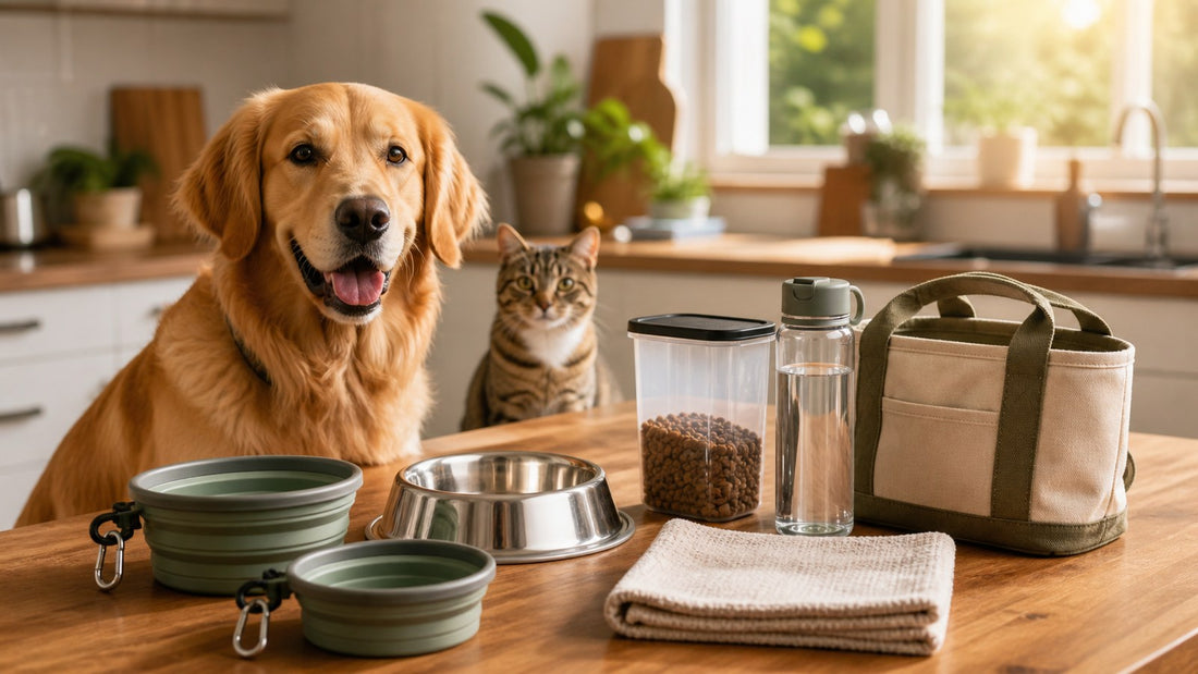 Dog and cat travel feeding setup with bowls water food portions and a tidy trip bag