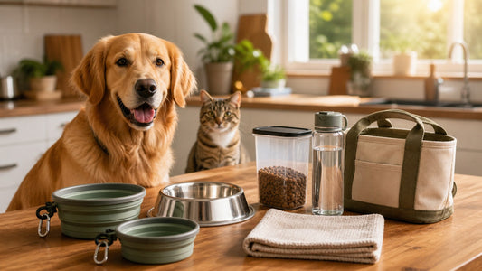Dog and cat travel feeding setup with bowls water food portions and a tidy trip bag