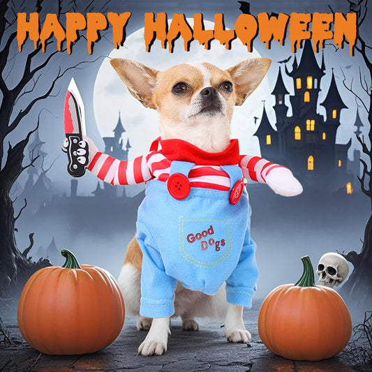 Hilarious Halloween Dog Costume - Knife-Wielding Puppy Cosplay Suit for Small to Large Dogs - Perfect Party Gift and Pet Apparel!