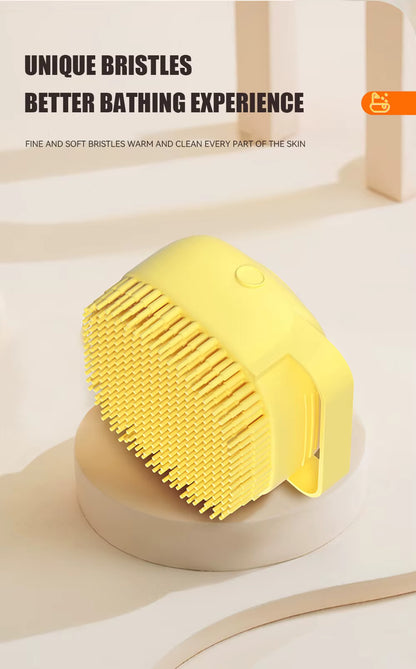 Yellow grooming brush with unique bristles on a beige background