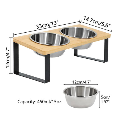 Elevated Pet Bowl Set – Stylish Wooden Stand with 2 Stainless Steel Bowls for Cats & Small Dogs